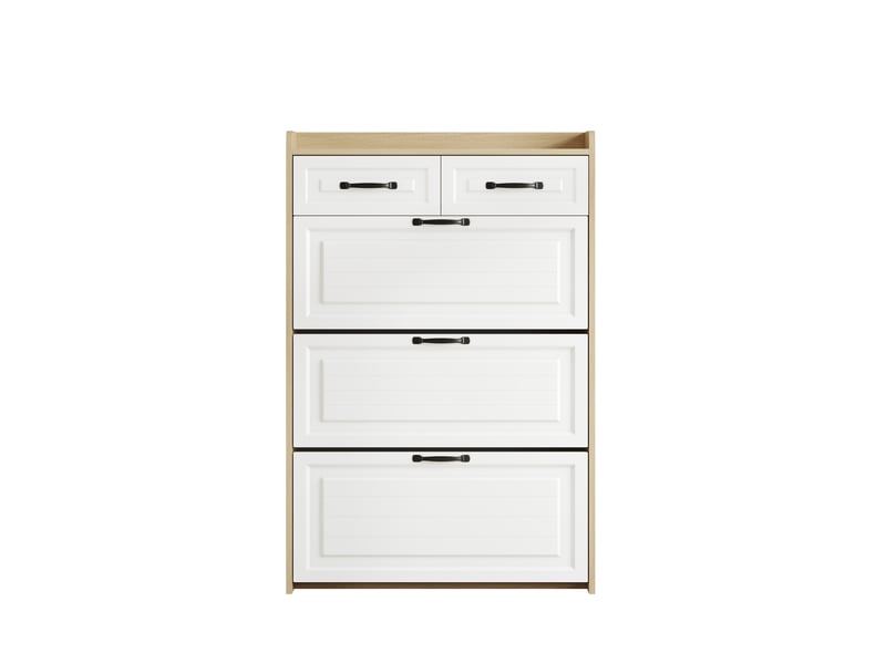  Meuble à chaussures 80x23,5x131 cm, portes et tiroirs, meuble bureau et salon, panneau de particules, blanc et naturel  - Conforama A