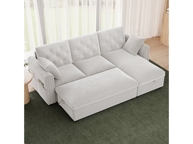  Canapé d'angle 3 places, convertible avec méridienne réversible, tissu beige avec coffre de rangement et pouf pour salon - 219x131x86 cm  - Conforama E