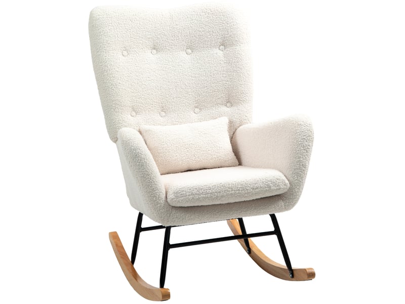 Fauteuil à bascule avec accoudoirs, coussin lombaire et base en bois, en tissu teddy blanc crème - Conforama A
