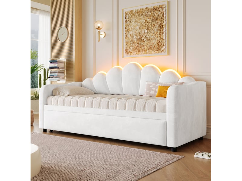 Lit gigogne 90x200 cm avec éclairage led, revêtement en velours blanc  - Conforama B