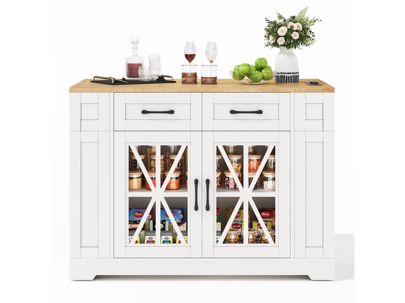  Îlot de cuisine roulant 120cm avec table pliante, prises acusb, portes en verre et étagères, desserte sur roulettes pour salle à manger  - Conforama W
