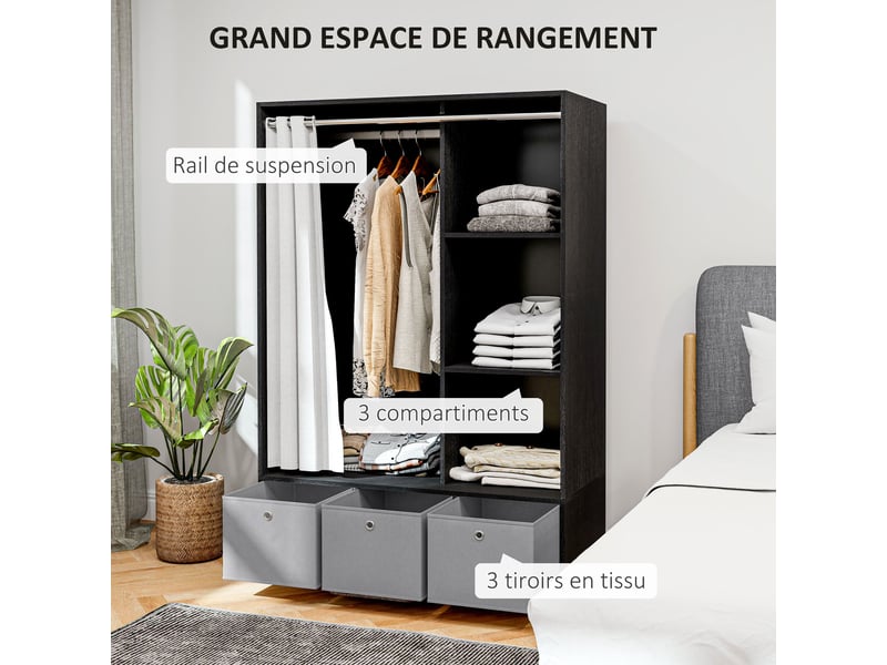  Armoire penderie armoire de rangement avec tringle rideaux 3 niches et 3 tiroirs 105 x 48 x 160 cm en tissu amovibles  - Conforama E