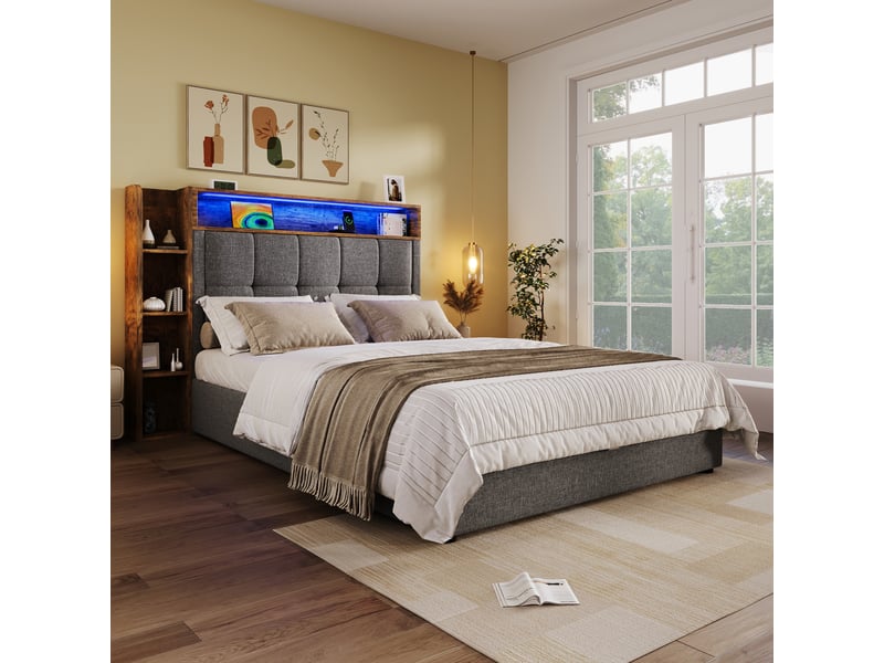 Lit rembourré 90x200 cm sans matelas, lin et mdf, led, usb type-c, rangements, gris pour chambre  - Conforama E