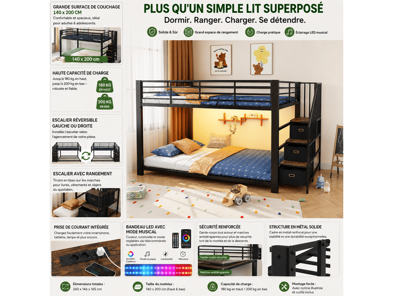  Lit superposé 140x200 cm, escalier réversible avec tiroirs, led, prises et usb, métal et mdf, noir, sans matelas  - Conforama E