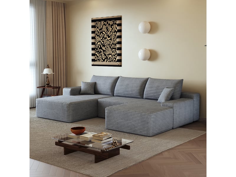  Canapé d'angle modulaire 270cm - canapé en l avec méridienne gauche, velours côtelé, sans montage - gris (  - Conforama C