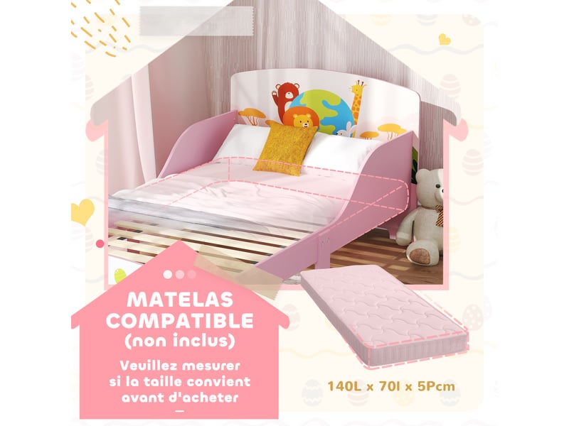  Lit enfant 70x140 cm motif animal 140 x 70 cm avec sommier à lattes en bois design sécurisé bas rose  - Conforama W