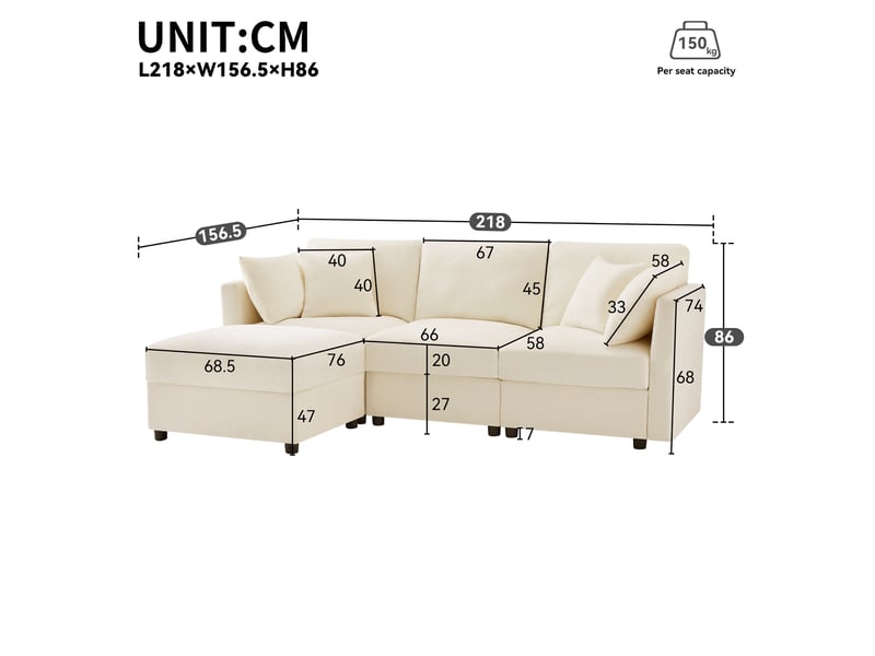 Canapé d'angle en l beige avec pouf modulable, 3 à 4 places, accoudoirs réglables et tissu chenille confortable, pour salon et appartement - Conforama C