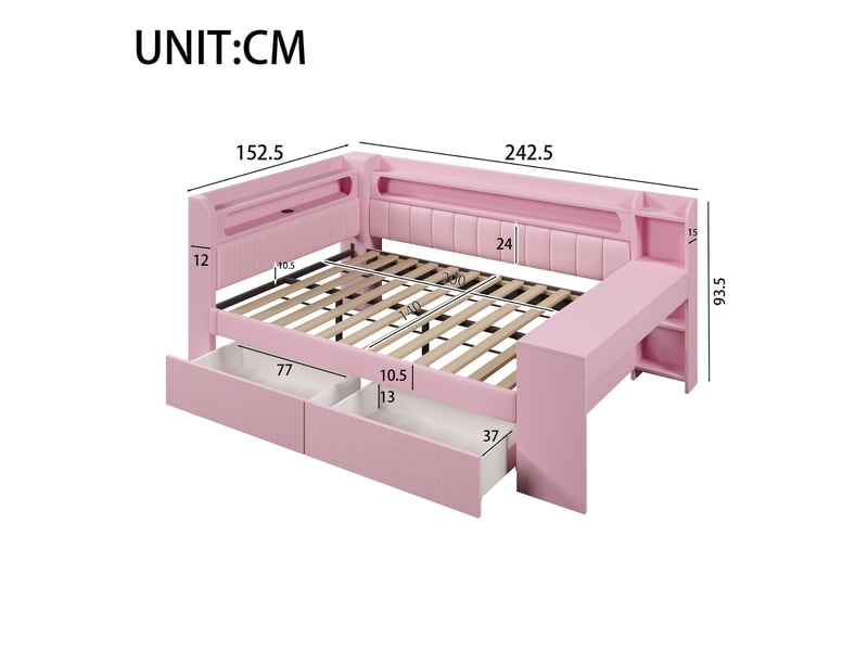  Lit banquette rembourré 140x200 cm, bureau et étagère intégrés, 2 tiroirs de rangement, led 7 couleurs, usb, tissu en lin rose Radiant Stride - Conforama C