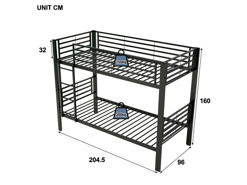  Lit superposé enfant 90x200 cm – noir – échelle réversible et sommiers métalliques - sans matelas  - Conforama E