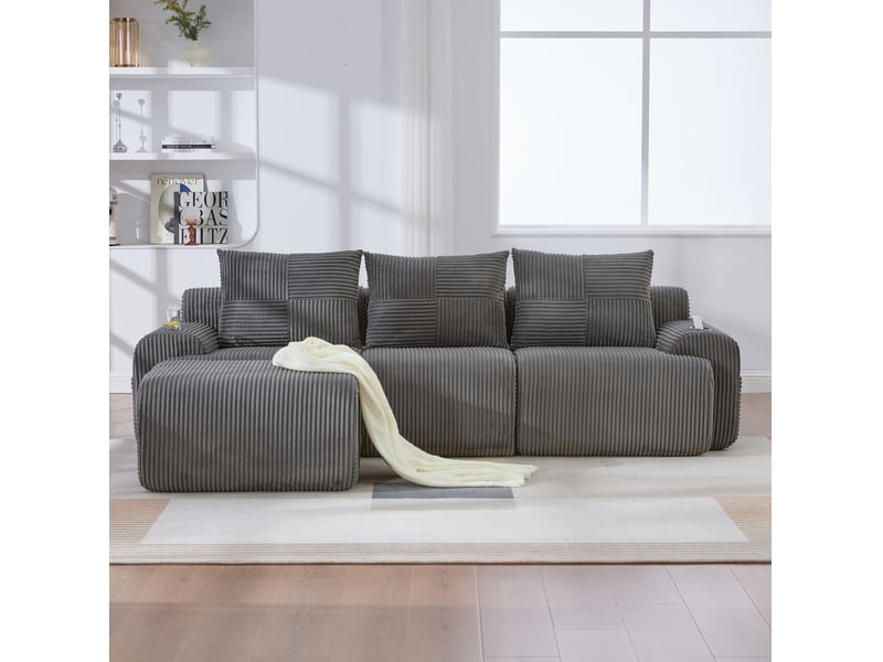 Canapé modulable 3 places 268x174x80 cm, velours côtelé gris foncé, modules configurables, poche latérale, porte-gobelet - Conforama B