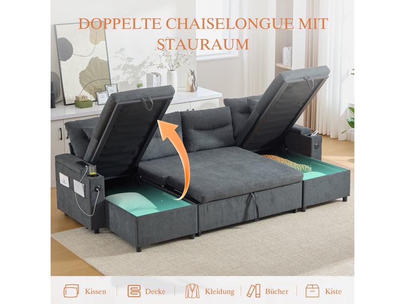  Canapé panoramique convertible 4 places 272 x 136 x 86 cm avec coffre et ports usb et porte-gobelets,  poche de rangement latérale, lin, gris foncé Morn Vibe - Conforama D