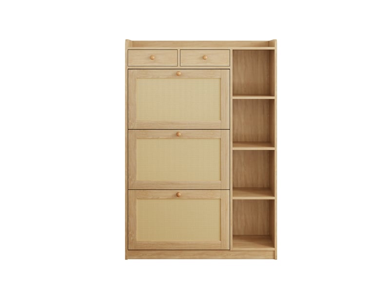  Meuble à chaussures oslo rotin 90x24x130 cm, 3 abattants, 2 tiroirs &amp; rangements latéraux  - Conforama A