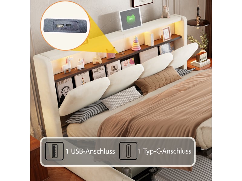  Lit coffre rembourré 140x200 cm, rangement hydraulique et tête de lit coffre, led, usb et type-c, design pétales, velours beige Radiant Stride - Conforama E