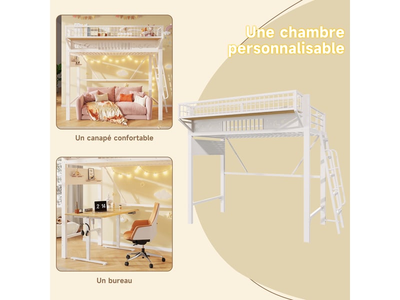  Lit mezzanine 90x200 cm blanc, avec rangements, motifs étoiles et lunes, escalier réversible, structure métal, sommier inclus, sans matelas  - Conforama R