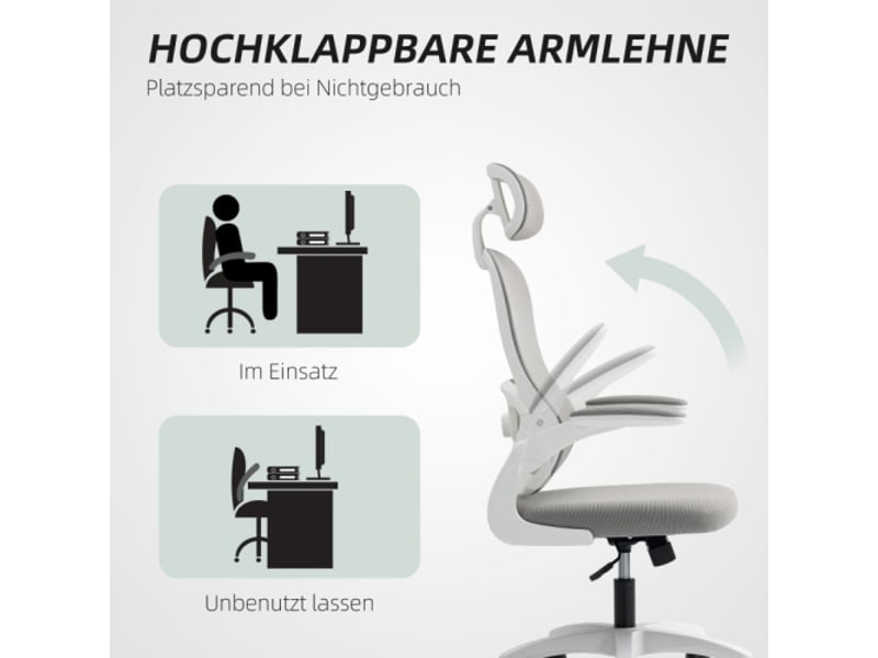  Chaise de bureau ergonomique en mesh, accoudoirs rabattables, 5 roulettes, inclinable, grise  - Conforama E