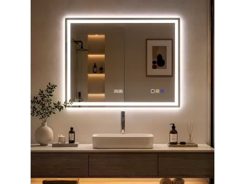  Miroir lumineux led salle de bain 90 x 70 cm bluetooth interrupteur tactile lumière réglable 3 couleurs fonction anti-buée et mémoire  - Conforama B