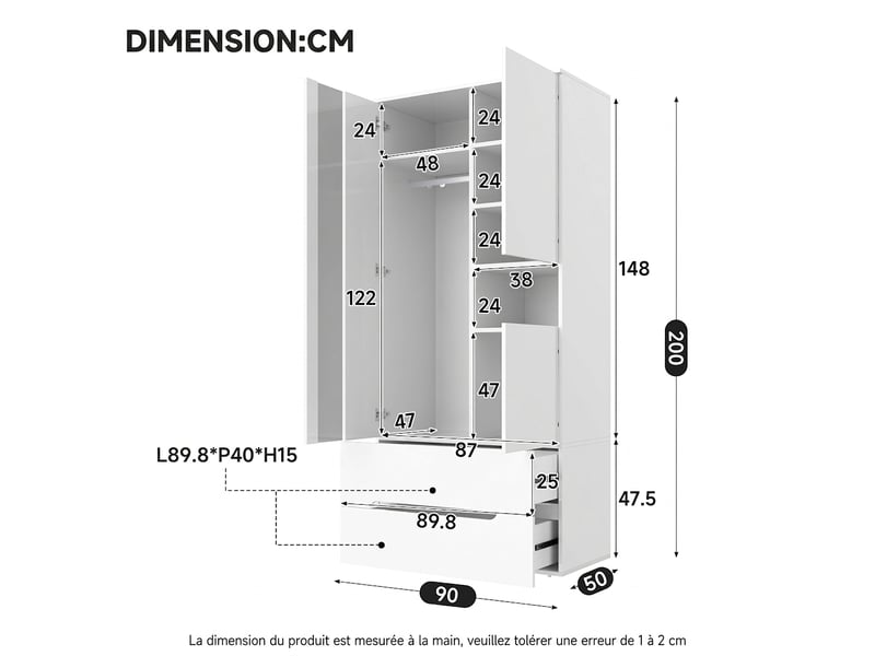  Armoire penderie 90x50x200 cm aspect chêne, 4 portes battantes et 3 tiroirs  - Conforama W