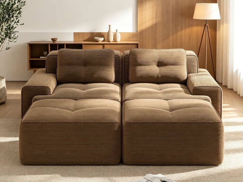  Canapé modulable en u avec poufs, toucher côtelé et confort généreux, sans montage, 69 × 204 × 177 cm, marron  - Conforama B