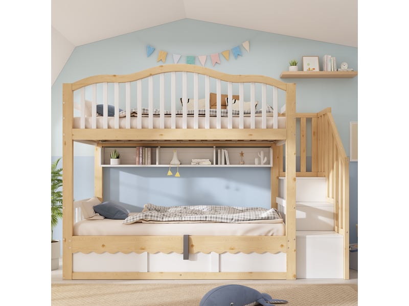 Lits superposés 90x200 cm en bois avec rangement hydraulique, échelle et étagères, blanc et chêne, 252x98x170 cm evarich - Conforama E