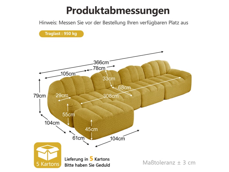  Canapé d'angle modulable ulevr 4 places avec ottoman, 366 x 165 cm, mousse haute densité 32d, tissu bouclette jaune  - Conforama C