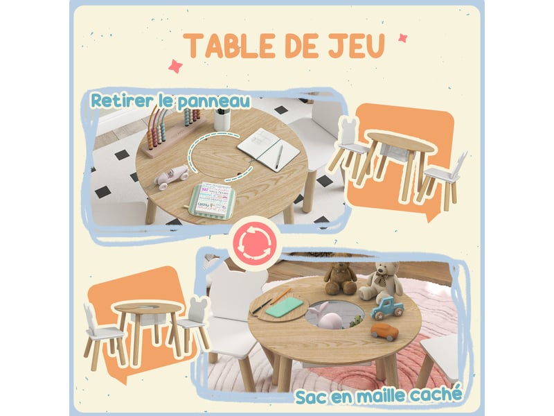  Ensemble 1 table ronde, 2 chaises pour enfant 3 pièces, dossier en forme d'ours, activités, bricolage, 3-6 ans, repas  - Conforama E