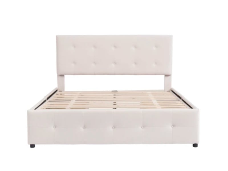  Lit capitonné 140×200, tiroirs + sommier, velours, beige, sans matelas  - Conforama A