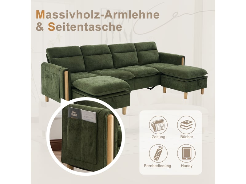  Grand canapé en u avec 2 poufs à rangement, modulable 4 places, pieds en bois, chenille vert  - Conforama E