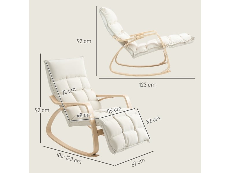  Rocking-chair avec repose-pieds réglable 5 positions et dossier inclinable, accoudoirs, en polyester crème  - Conforama C