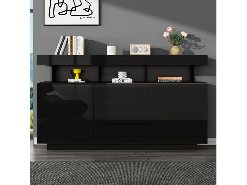  Buffet laqué moderne 140x35x80 cm, avec éclairage led réglable, 3 tiroirs, 2 portes battantes, plateau acrylique, noir  - Conforama B