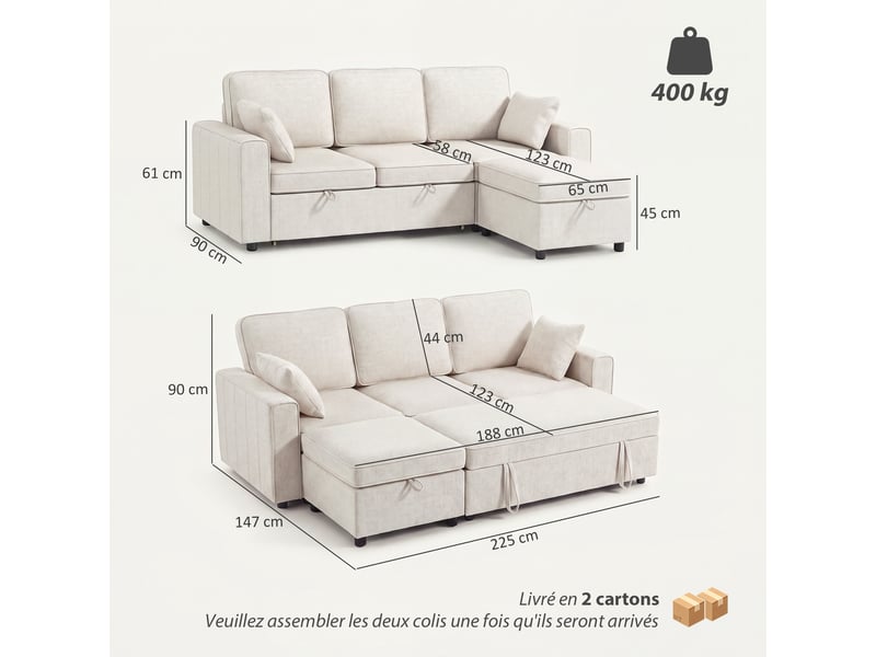  Canapé d'angle convertible en chenille, beige, canapé-lit 3 places modulaire 225 cm avec pouf de rangement  - Conforama C