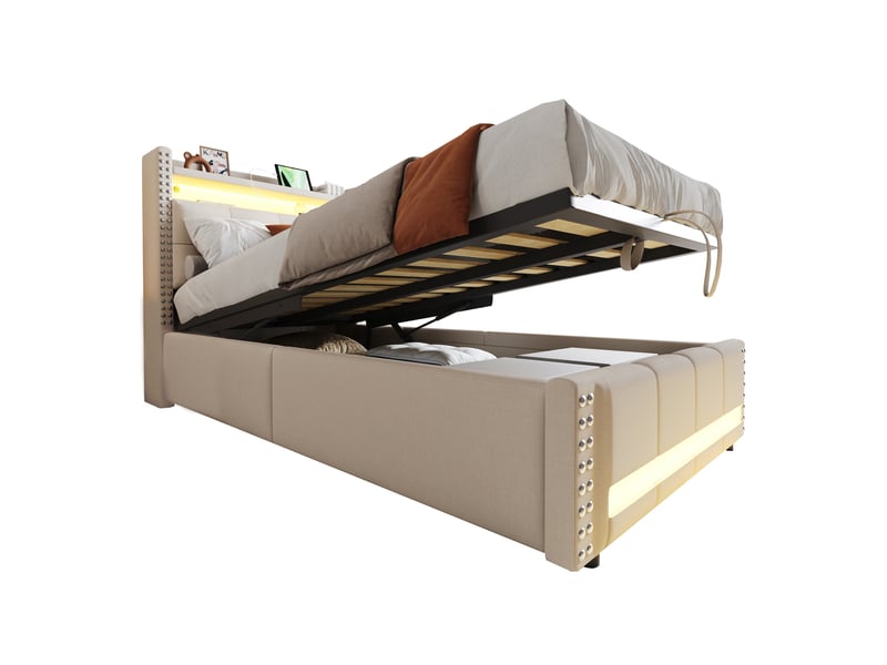  Modenvie lit enfant coffre 90x200 cm - led, port usb et rangements, sommier inclus - beige  - Conforama A