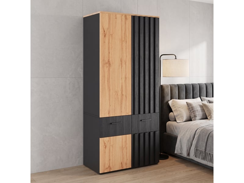 Armoire penderie 90 x 50 x 200 cm - 1 barre de penderie - 2 tiroirs - 2 compartiments de rangement - noir et bois naturel - Conforama C