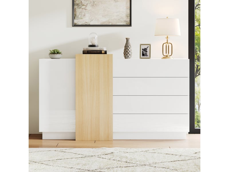Buffet blanc laqué brillant 140x35x76,5 cm, meuble rangement moderne avec 4 tiroirs et 2 portes, mdf - Conforama B