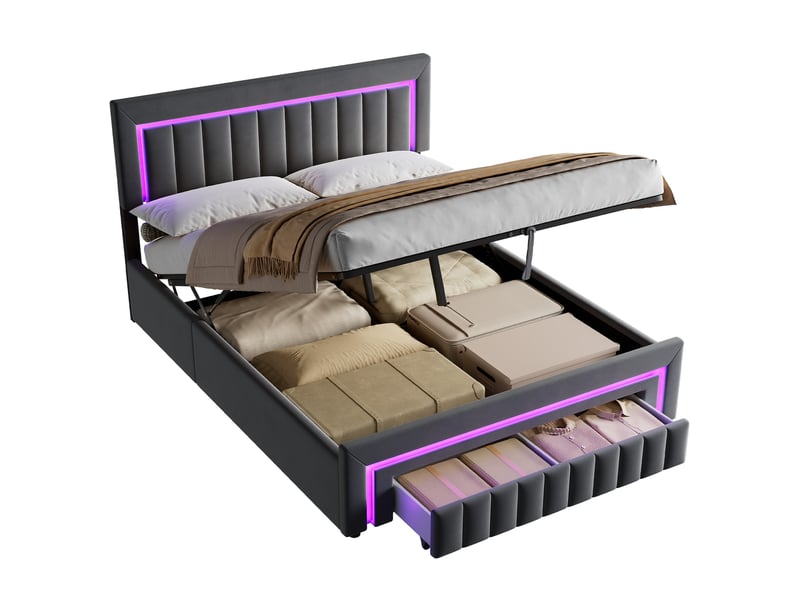  Lit coffre rembourré 160x200 avec led, tiroirs et rangement cravdom  - Conforama A