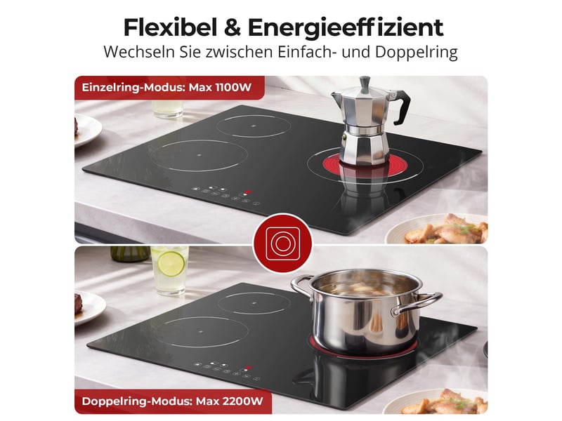 Plaque de cuisson vitrocéramique 3 foyers, 60 cm, 5200 w, commande tactile, 9 niveaux, minuteur et sécurité enfant - Conforama W