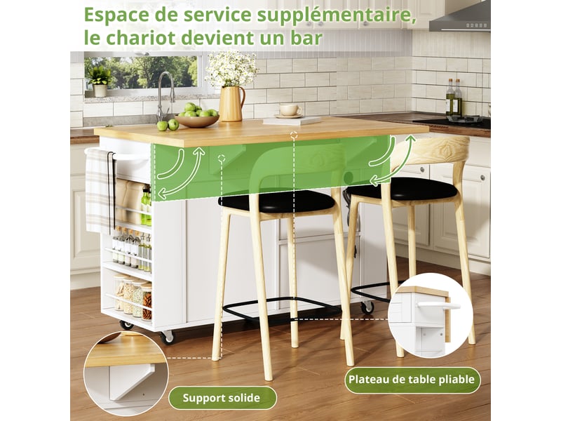  Îlot de cuisine mobile bois naturel et blanc en mdf, plateau rabattable, roulettes verrouillables, 120 × 45 (70) × 84 cm  - Conforama D