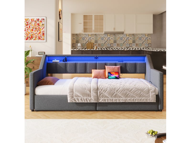 Lit enfant gigogne 90 x 200 cm design moderne, 2 tiroirs + poches, led, usb type-c, lin, mdf, gris sans matelas - Conforama B