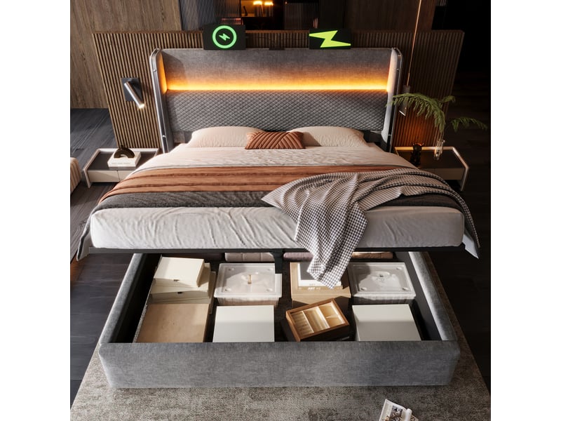  Lit double coffre 180x200 cm gris, tête haute led, usb-c, rangement hydraulique, tissu lin, avec matelas  - Conforama C
