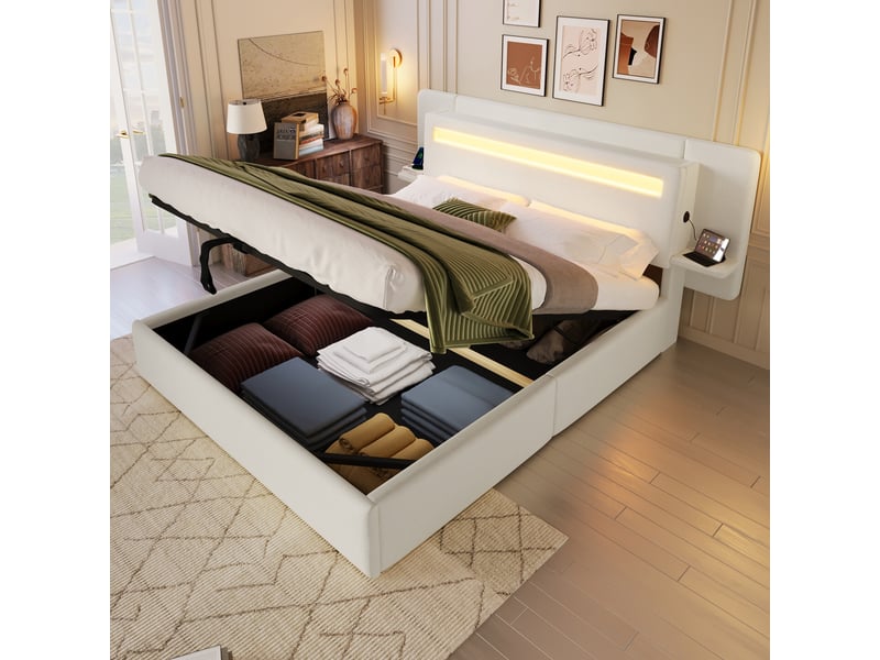  Lit coffre rembourré 140 x 200 cm, lit double avec rangement hydraulique, chevet intégré, port usb et éclairage led multicolore,beige evarich - Conforama B