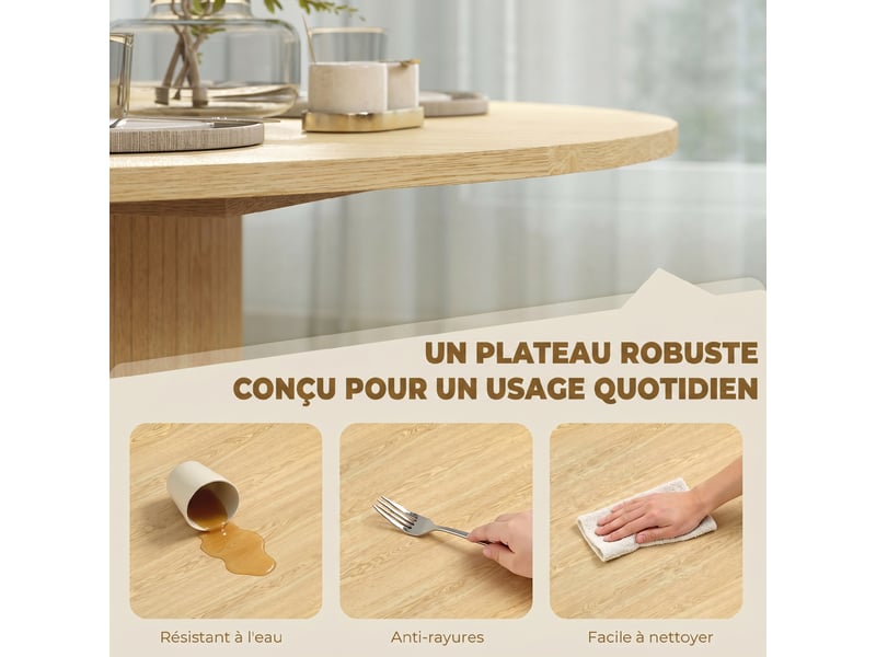  Table à manger ronde pour 4-6 personnes,  120 x 75 cm, bois naturel, table de cuisine avec base cylindrique cannelée  - Conforama E