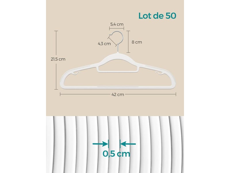  Cintres 50 pièces, cintres en plastique, antidérapant, peu encombrant, épaisseur 0,5 cm, largeur 42 cm, crochet pivotant à 360° argent, blanc  - Conforama B