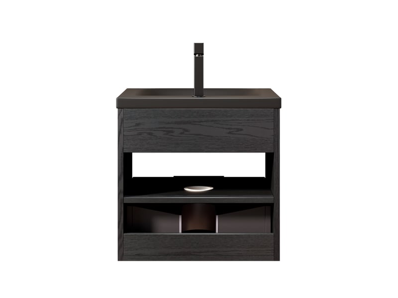  Meuble vasque suspendu de 51 cm avec vasque intégrée en céramique, tiroir et étagère, noir  - Conforama A