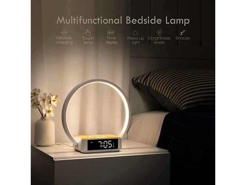  Lampe de chevet chargeur sans fil – avec réveil, tactile, dimmable, couleur bois  - Conforama D