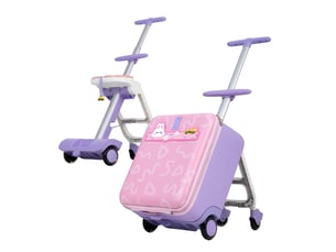 Valise enfant 3 en 1 à roulettes, siège intégré, 4 roues, rose homvra