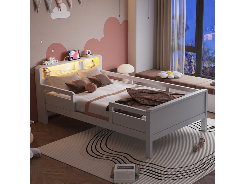  Lit enfant 90x200 cm led et ports usb et tape-c en bois blanc  - Conforama C