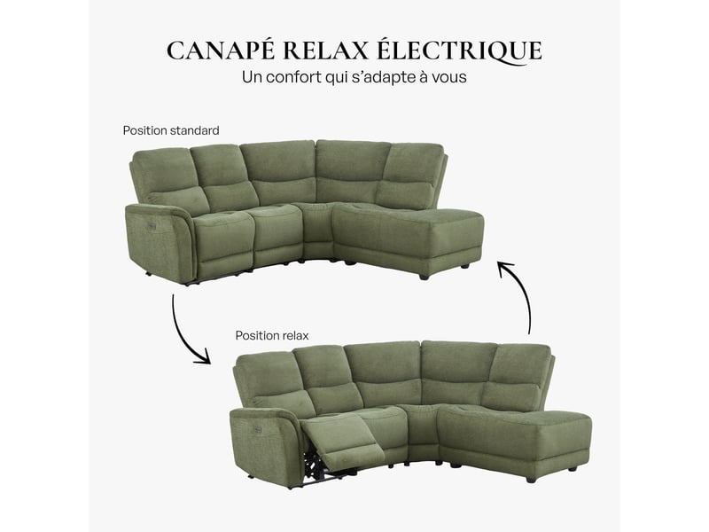  Canapé d'angle relax électrique en tissu vert - angle droit  - Conforama D