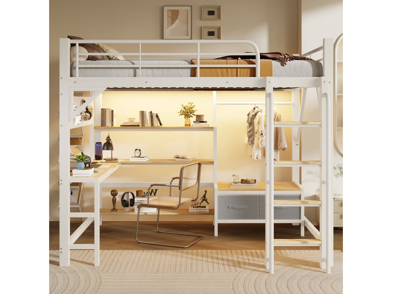  Lit mezzanine 140x200 cm, garde-corps, tiroirs en tissu, bureau, avec éclairage led, usb, espaces de rangement, métal et mdf, blanc sans matelas  - Conforama E