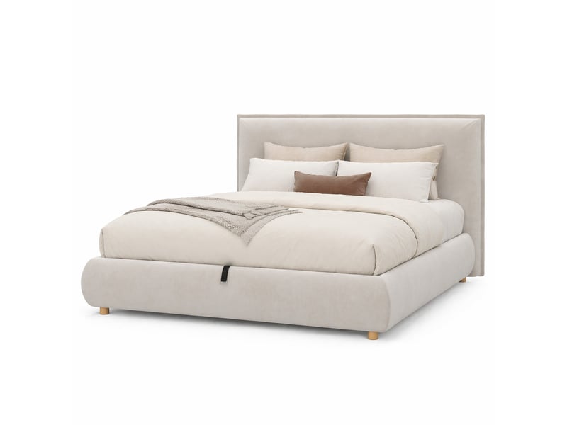  Lit coffre modenvie double 180 x 200 cm avec sommier à lattes tête de lit rembourrée velours crème rangement hydraulique  - Conforama A