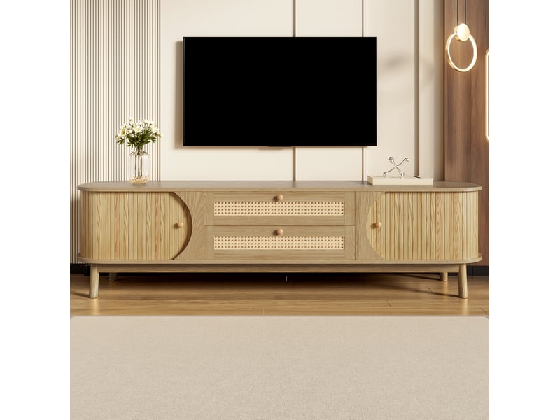  Meuble tv 170 x 39,5 x 46 cm avec portes coulissantes et tiroirs en rotin  - Conforama E
