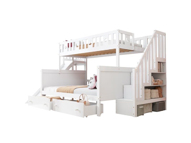  Lit superposé enfant en bois avec toboggan, échelle de sécurité, rangements et sommier, blanc, 90 x 200 140 x 200 cm  - Conforama A
